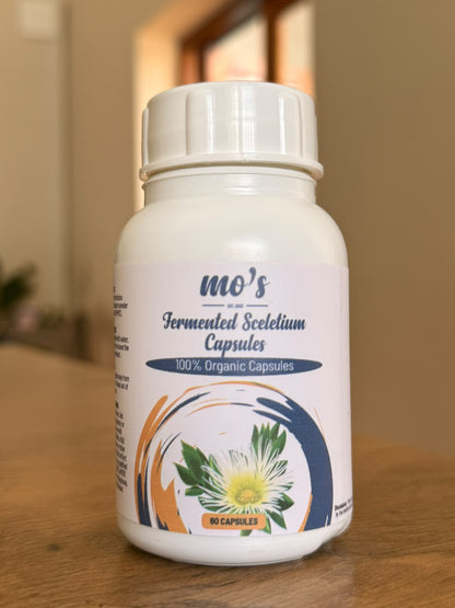 Fermented Sceletium capsule bottle ingredients, suggested use and warning label